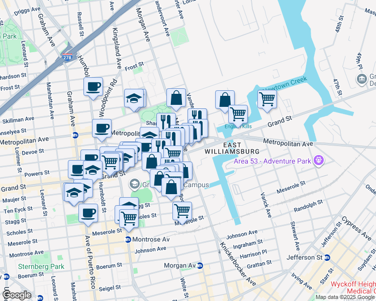 map of restaurants, bars, coffee shops, grocery stores, and more near 1005 Grand Street in Brooklyn
