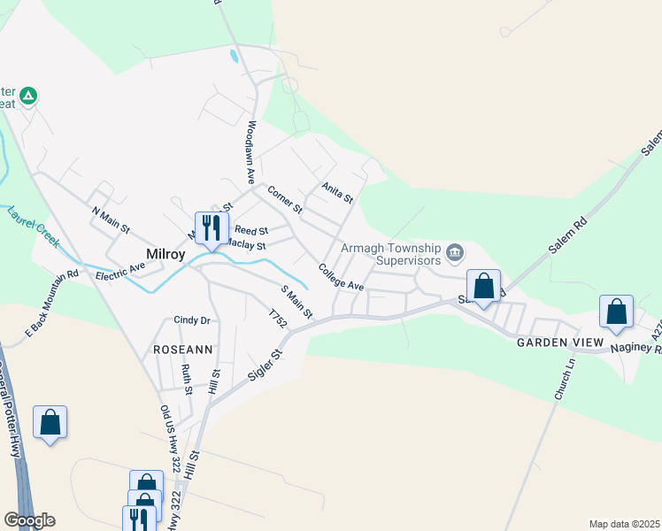 map of restaurants, bars, coffee shops, grocery stores, and more near 101 College Avenue in Milroy