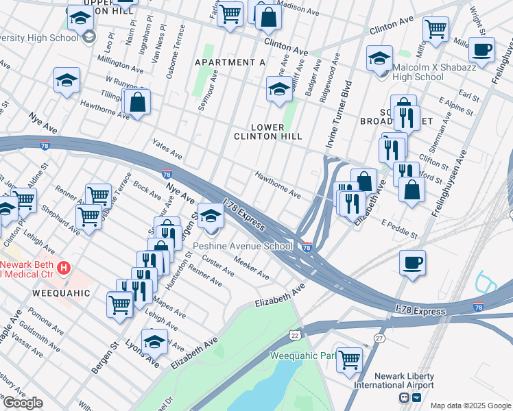 map of restaurants, bars, coffee shops, grocery stores, and more near 440 Jelliff Avenue in Newark