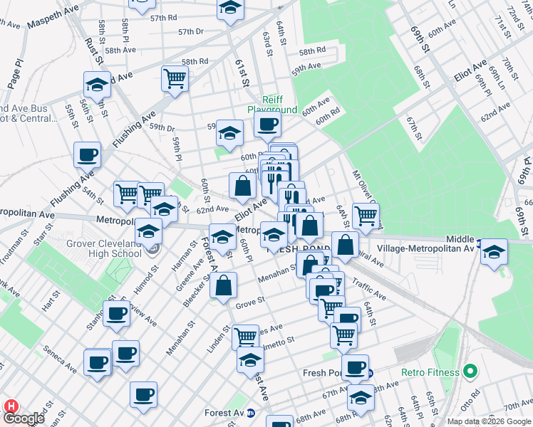 map of restaurants, bars, coffee shops, grocery stores, and more near in Queens