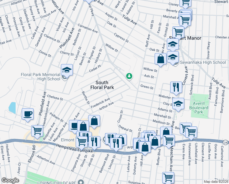 map of restaurants, bars, coffee shops, grocery stores, and more near 239 Frederick Avenue in South Floral Park