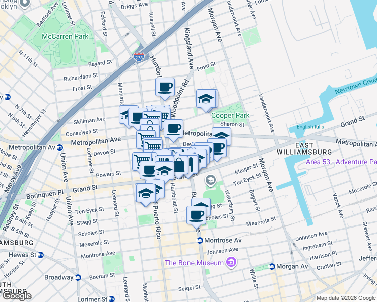 map of restaurants, bars, coffee shops, grocery stores, and more near 21 Judge Street in Brooklyn