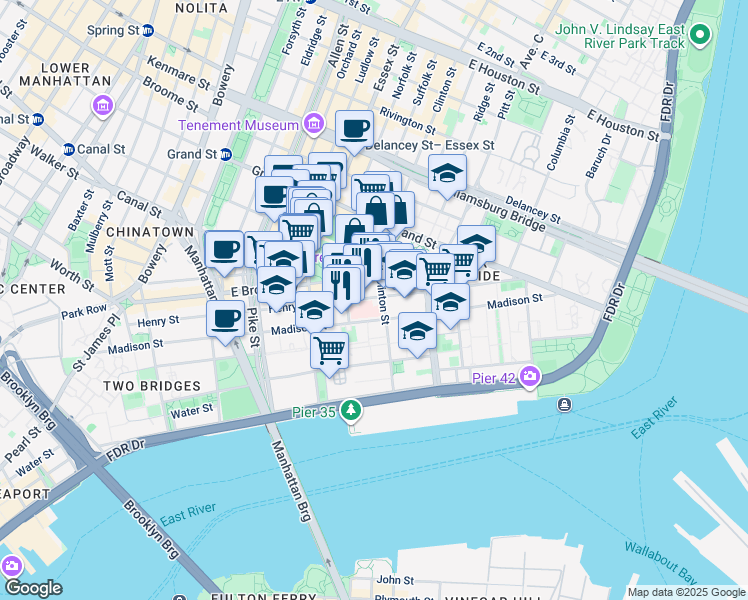 map of restaurants, bars, coffee shops, grocery stores, and more near 200 Henry Street in New York
