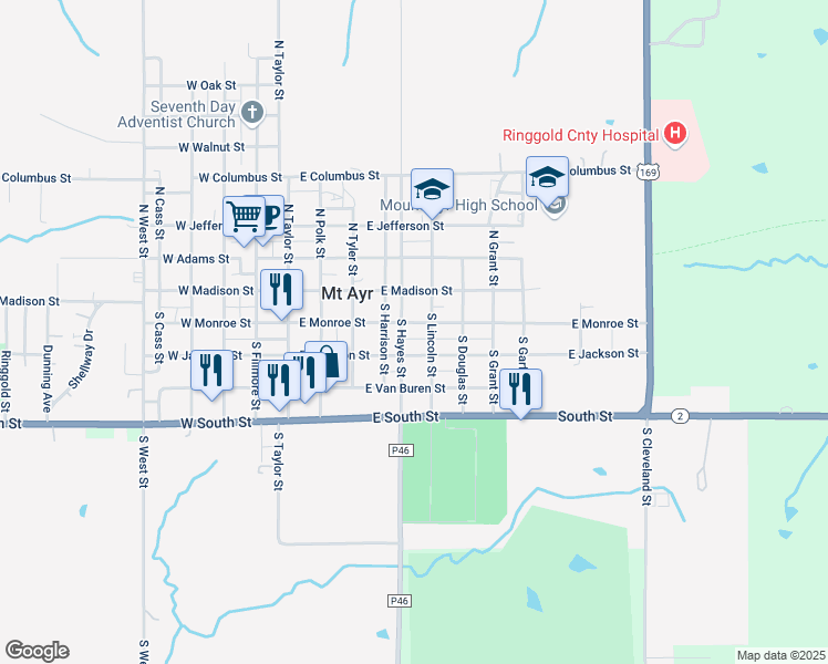 map of restaurants, bars, coffee shops, grocery stores, and more near 250-298 S Hayes St in Mt Ayr
