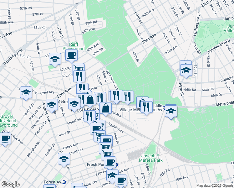 map of restaurants, bars, coffee shops, grocery stores, and more near 62-61 65th Street in Queens