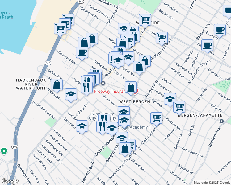 map of restaurants, bars, coffee shops, grocery stores, and more near 242 Grant Avenue in Jersey City