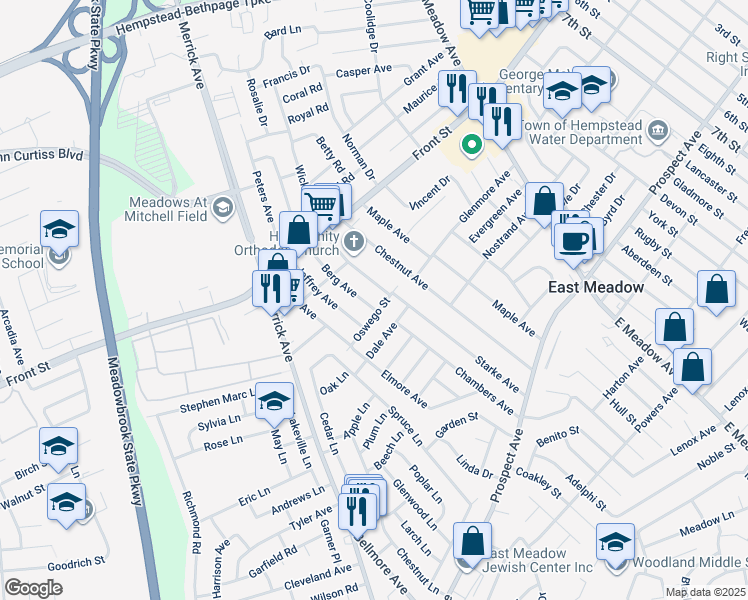 map of restaurants, bars, coffee shops, grocery stores, and more near 441 Berg Avenue in East Meadow