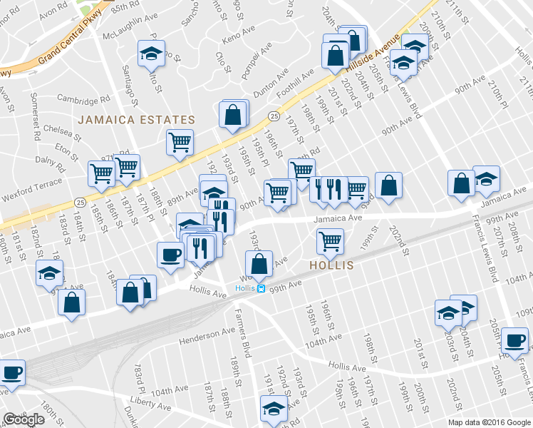 map of restaurants, bars, coffee shops, grocery stores, and more near 19325 Jamaica Avenue in Queens