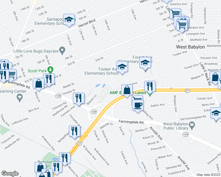 map of restaurants, bars, coffee shops, grocery stores, and more near 199 Farber Drive in West Babylon