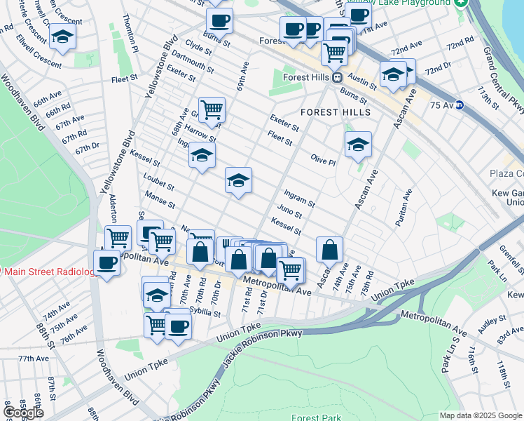 map of restaurants, bars, coffee shops, grocery stores, and more near 9509 Continental Avenue in Queens