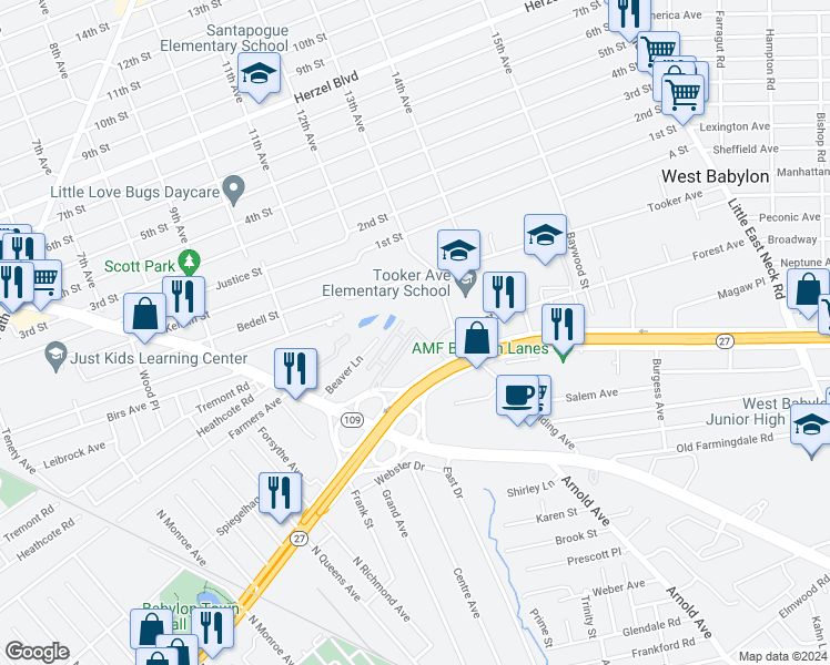 map of restaurants, bars, coffee shops, grocery stores, and more near 211 Farber Drive in West Babylon