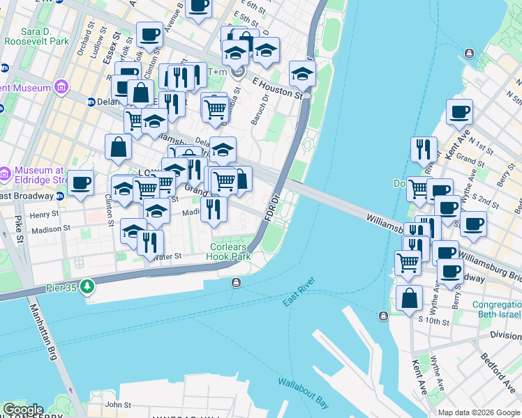 map of restaurants, bars, coffee shops, grocery stores, and more near 473 FDR Drive in New York