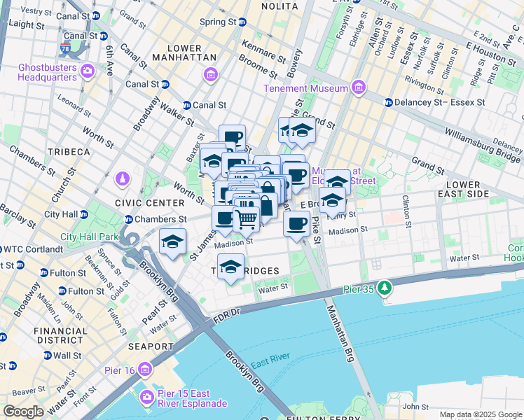 map of restaurants, bars, coffee shops, grocery stores, and more near 29 Henry Street in New York