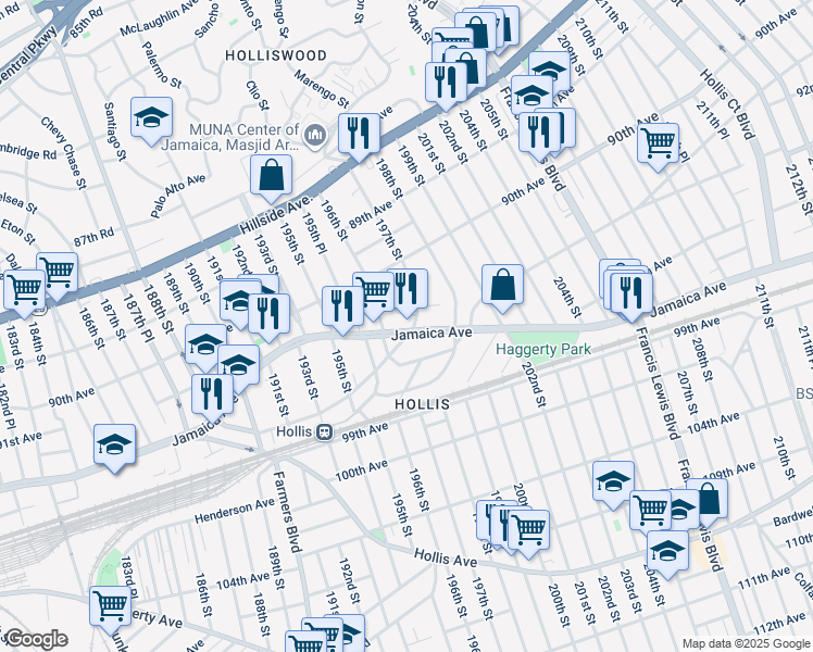 map of restaurants, bars, coffee shops, grocery stores, and more near 196-26 Woodhull Avenue in Queens