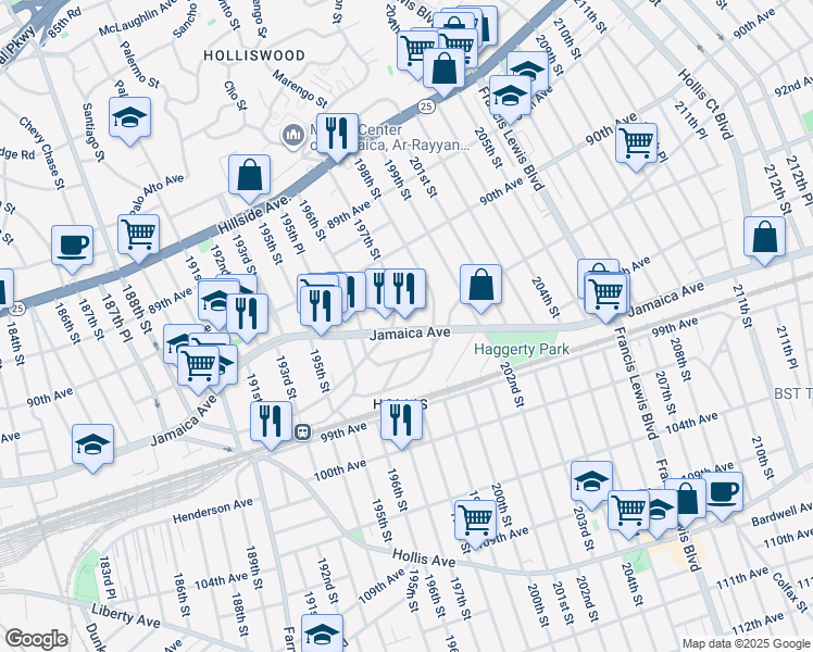 map of restaurants, bars, coffee shops, grocery stores, and more near 196-26 Woodhull Avenue in Queens