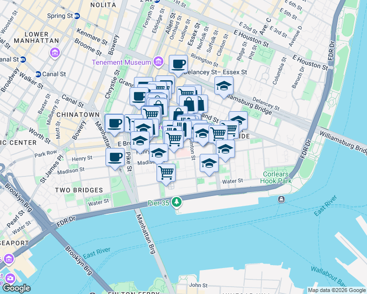 map of restaurants, bars, coffee shops, grocery stores, and more near Henry Street in New York