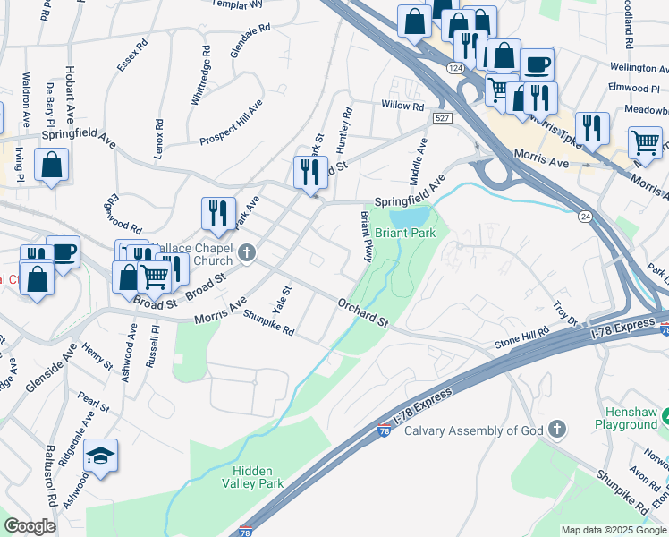 map of restaurants, bars, coffee shops, grocery stores, and more near 112 Orchard Street in Summit