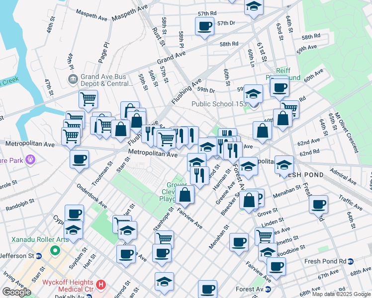 map of restaurants, bars, coffee shops, grocery stores, and more near 54-18 Arnold Avenue in Queens