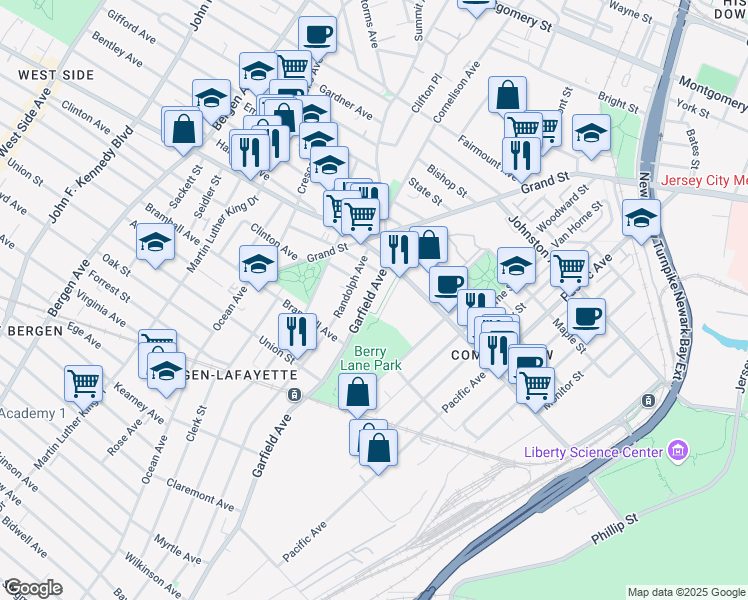 map of restaurants, bars, coffee shops, grocery stores, and more near 453 Communipaw Avenue in Jersey City