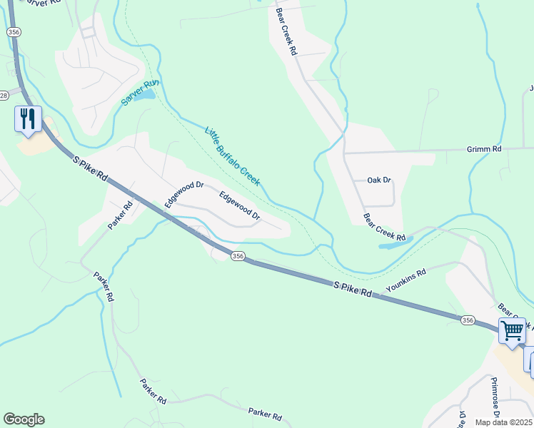 map of restaurants, bars, coffee shops, grocery stores, and more near 128 Edgewood Drive in Sarver
