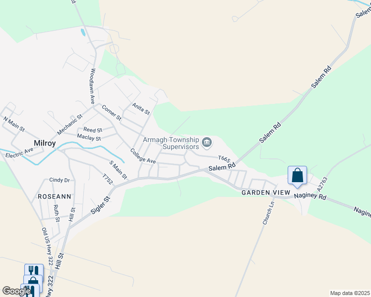 map of restaurants, bars, coffee shops, grocery stores, and more near 283 Broad Street in Milroy