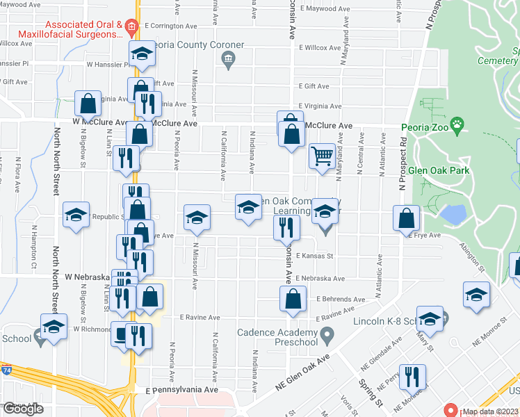 map of restaurants, bars, coffee shops, grocery stores, and more near 617 East Republic Street in Peoria