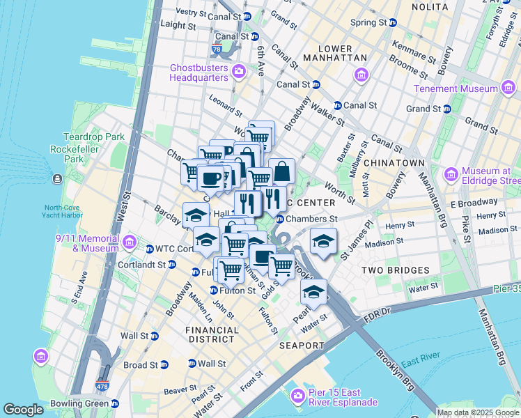 map of restaurants, bars, coffee shops, grocery stores, and more near 52 Chambers Street in New York