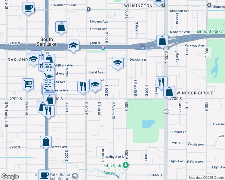 map of restaurants, bars, coffee shops, grocery stores, and more near 423 East 2700 South in South Salt Lake