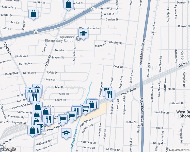 map of restaurants, bars, coffee shops, grocery stores, and more near 1158 Patricia Avenue in West Islip