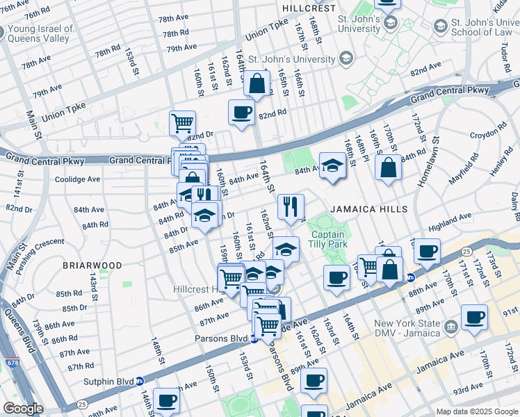map of restaurants, bars, coffee shops, grocery stores, and more near 84-66 162nd Street in Queens