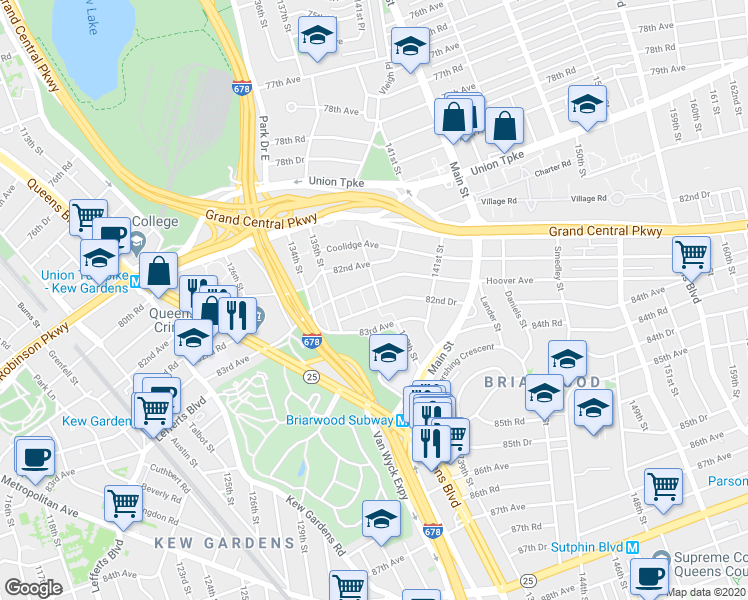 map of restaurants, bars, coffee shops, grocery stores, and more near 135-34 82nd Drive in Queens