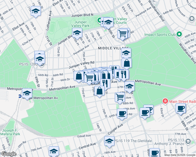 map of restaurants, bars, coffee shops, grocery stores, and more near 7532 Metropolitan Avenue in Queens