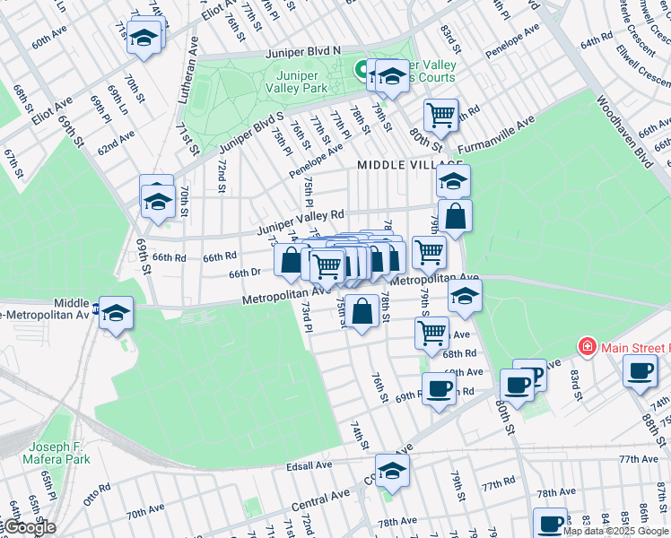 map of restaurants, bars, coffee shops, grocery stores, and more near 74-05 Metropolitan Avenue in Queens