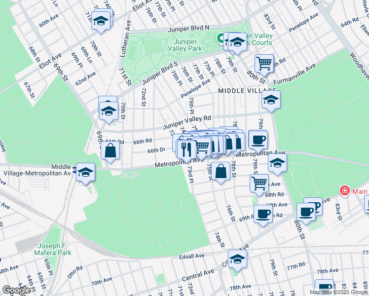 map of restaurants, bars, coffee shops, grocery stores, and more near 72-59 Metropolitan Avenue in Queens