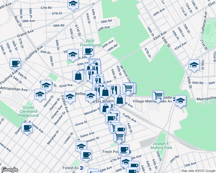 map of restaurants, bars, coffee shops, grocery stores, and more near 63-07 Metropolitan Avenue in Queens