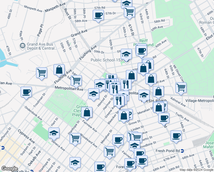 map of restaurants, bars, coffee shops, grocery stores, and more near 56-17 Metropolitan Avenue in Queens