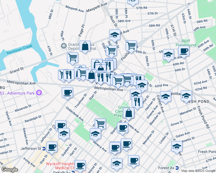 map of restaurants, bars, coffee shops, grocery stores, and more near 57-02 Metropolitan Avenue in Queens
