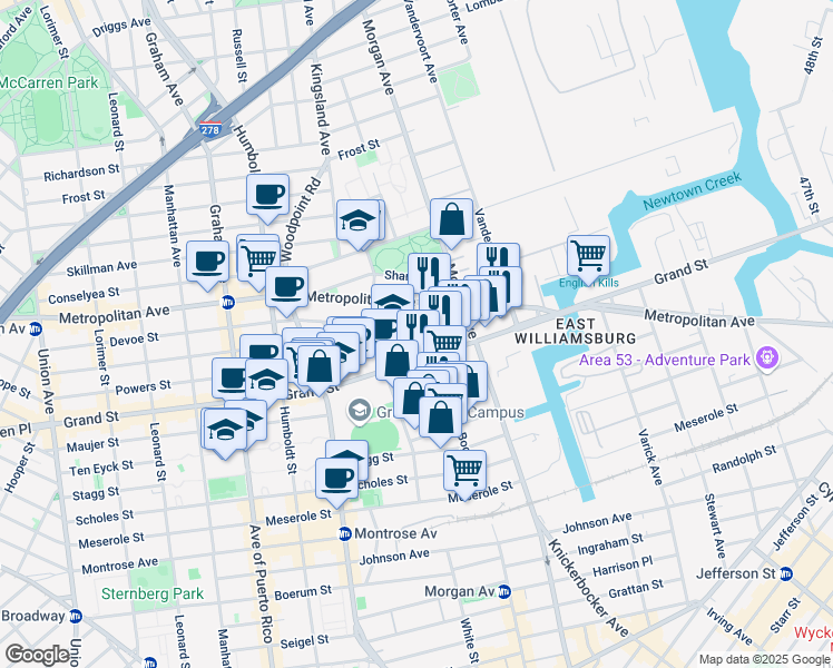 map of restaurants, bars, coffee shops, grocery stores, and more near 958 Grand Street in Brooklyn