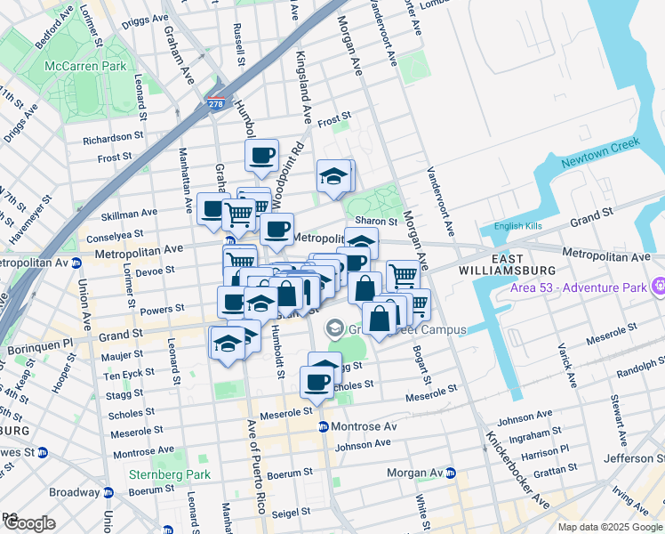 map of restaurants, bars, coffee shops, grocery stores, and more near 182 Powers Street in Brooklyn