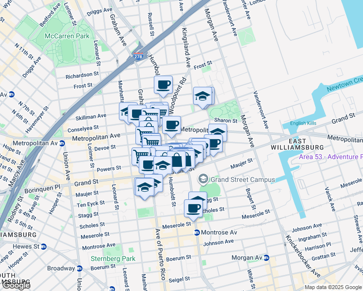 map of restaurants, bars, coffee shops, grocery stores, and more near 65 Bushwick Avenue in Brooklyn