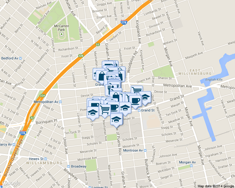map of restaurants, bars, coffee shops, grocery stores, and more near 260 Ainslie Street in Brooklyn