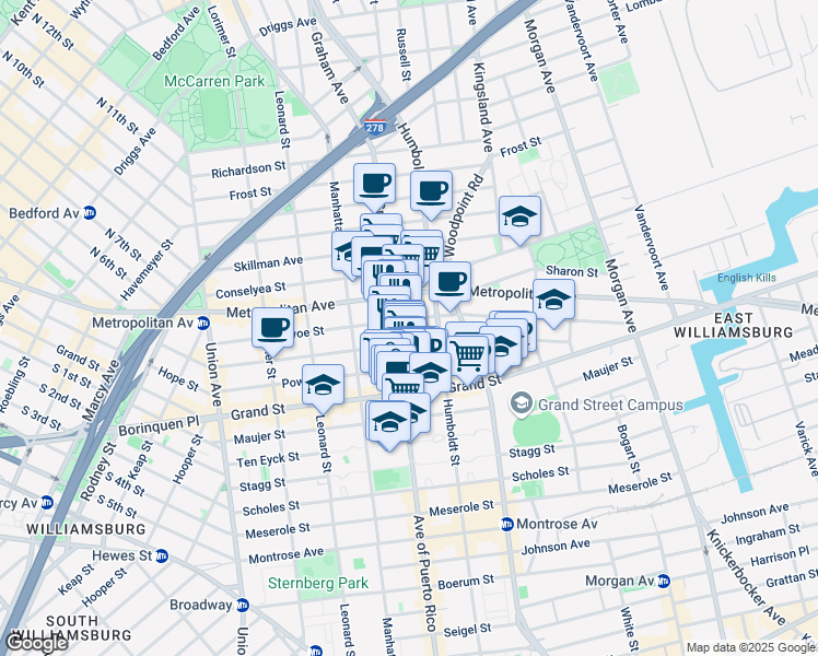 map of restaurants, bars, coffee shops, grocery stores, and more near 260 Ainslie Street in Brooklyn