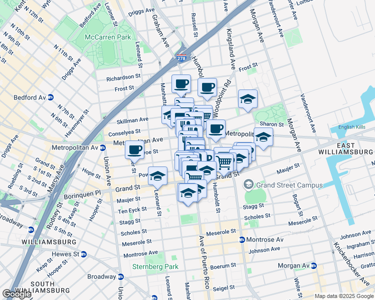 map of restaurants, bars, coffee shops, grocery stores, and more near 260 Ainslie Street in Brooklyn