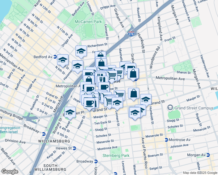 map of restaurants, bars, coffee shops, grocery stores, and more near 149 Ainslie Street in Brooklyn