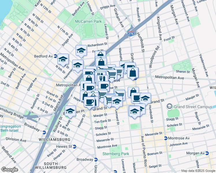 map of restaurants, bars, coffee shops, grocery stores, and more near 149 Ainslie Street in Brooklyn
