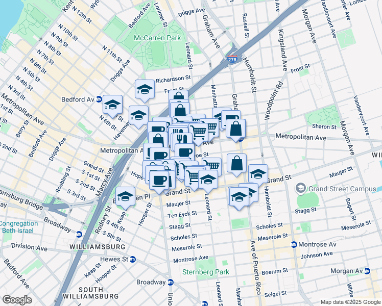 map of restaurants, bars, coffee shops, grocery stores, and more near 149 Ainslie Street in Brooklyn