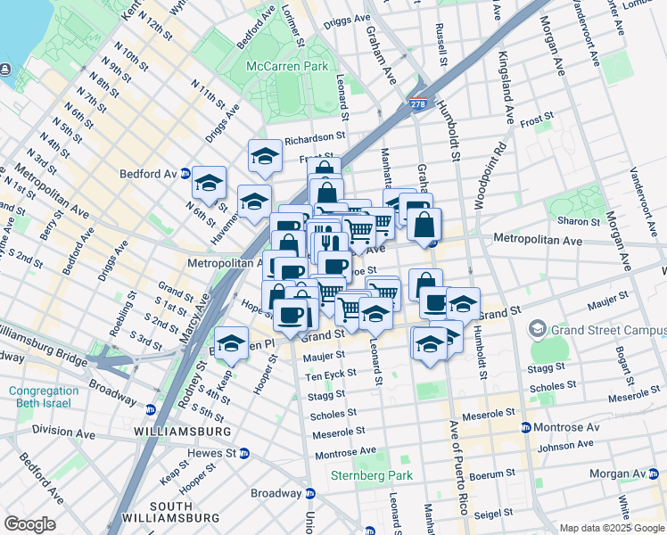 map of restaurants, bars, coffee shops, grocery stores, and more near 149 Ainslie Street in Brooklyn
