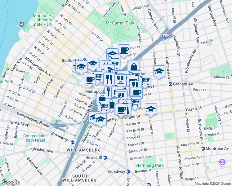 map of restaurants, bars, coffee shops, grocery stores, and more near 422 Union Avenue in Brooklyn
