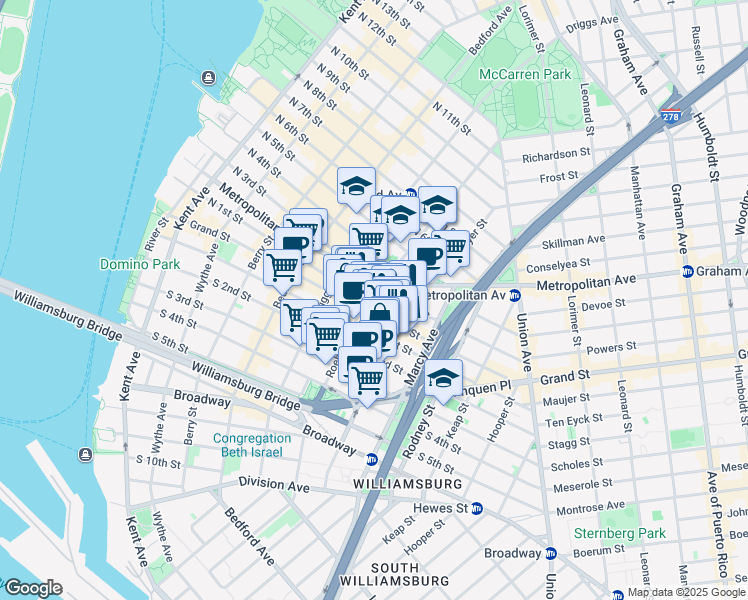 map of restaurants, bars, coffee shops, grocery stores, and more near 124-128 Havemeyer Street in Brooklyn