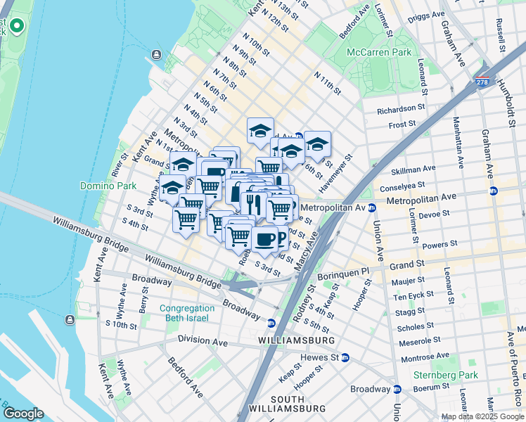 map of restaurants, bars, coffee shops, grocery stores, and more near 175 Roebling Street in Brooklyn